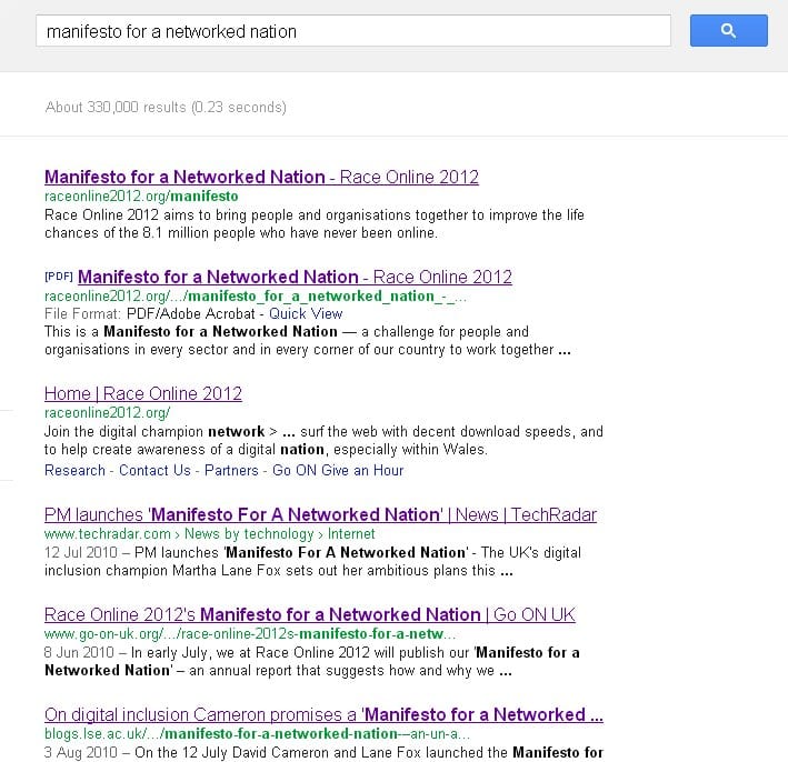 google page showing links to Digital Manifesto