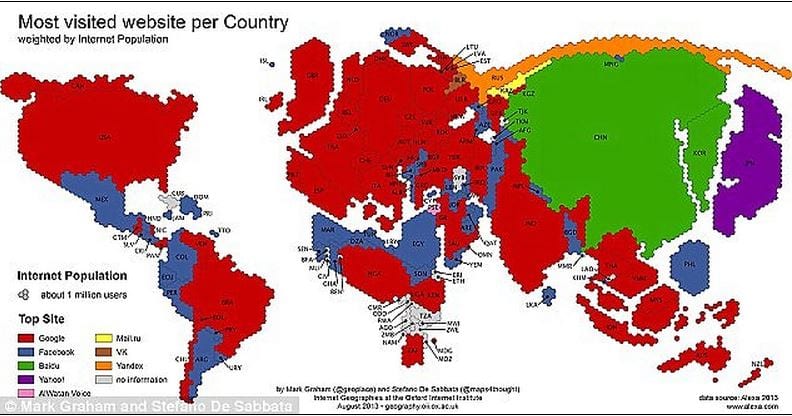 Oxford Internet Institute world map of most used software showing google as the highest choice