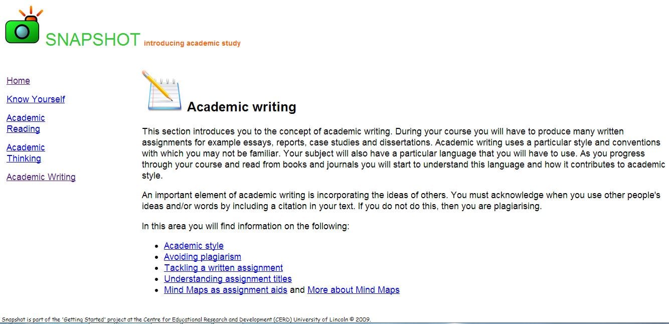 Snapshot page on academic writing
