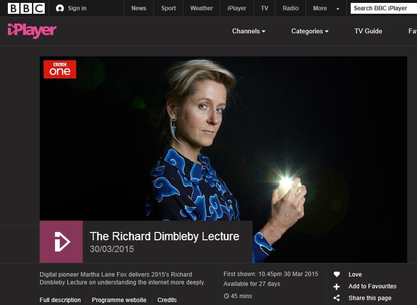 image of Martha Lane Fox Dimbleby Lecture on BBC iPlayer