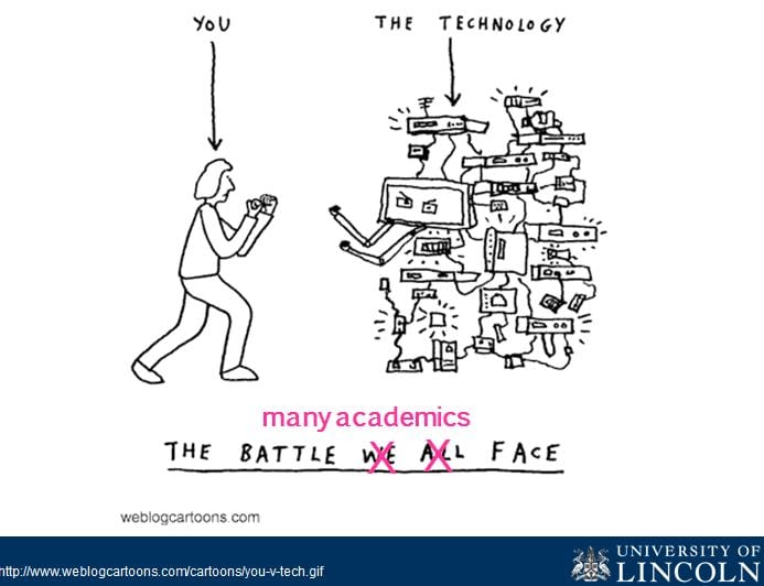 cartoon showing an individual fighting with a wall of technology 